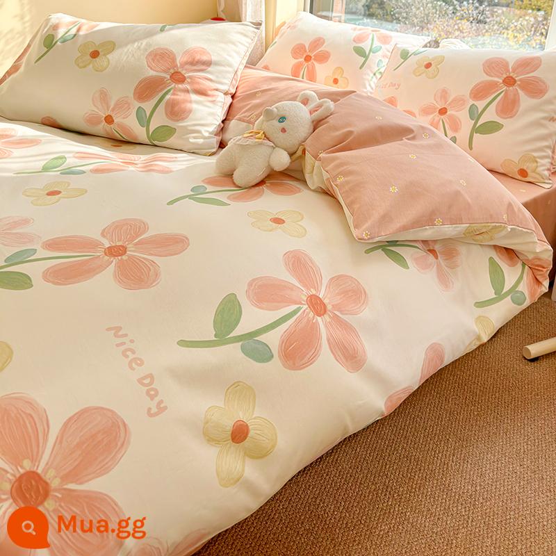 Bộ 4 Cotton Nguyên Chất 100 Bộ Chăn Ga Giường Vỏ Chăn Mùa Hè 3 Học Sinh 4 Ký Túc Xá Giường Đơn 3 Bộ - Hoa nở rộ