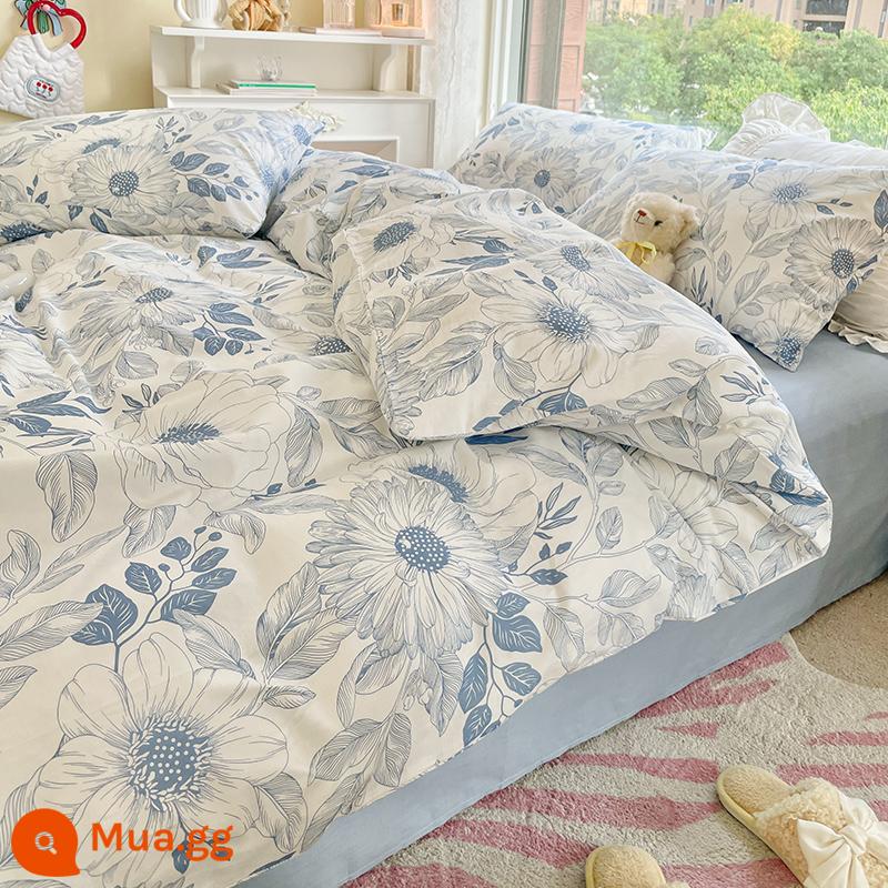 Bộ 4 Cotton Nguyên Chất 100 Bộ Chăn Ga Giường Vỏ Chăn Mùa Hè 3 Học Sinh 4 Ký Túc Xá Giường Đơn 3 Bộ - hoa mực xanh