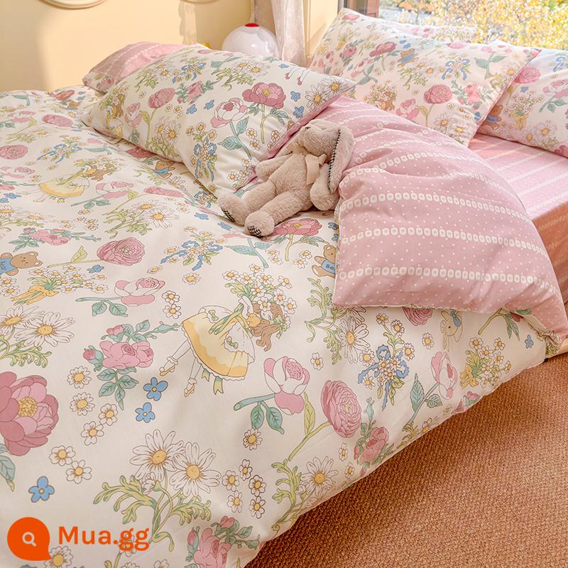 Bộ 4 Cotton Nguyên Chất 100 Bộ Chăn Ga Giường Vỏ Chăn Mùa Hè 3 Học Sinh 4 Ký Túc Xá Giường Đơn 3 Bộ - Anne ở xứ sở thần tiên