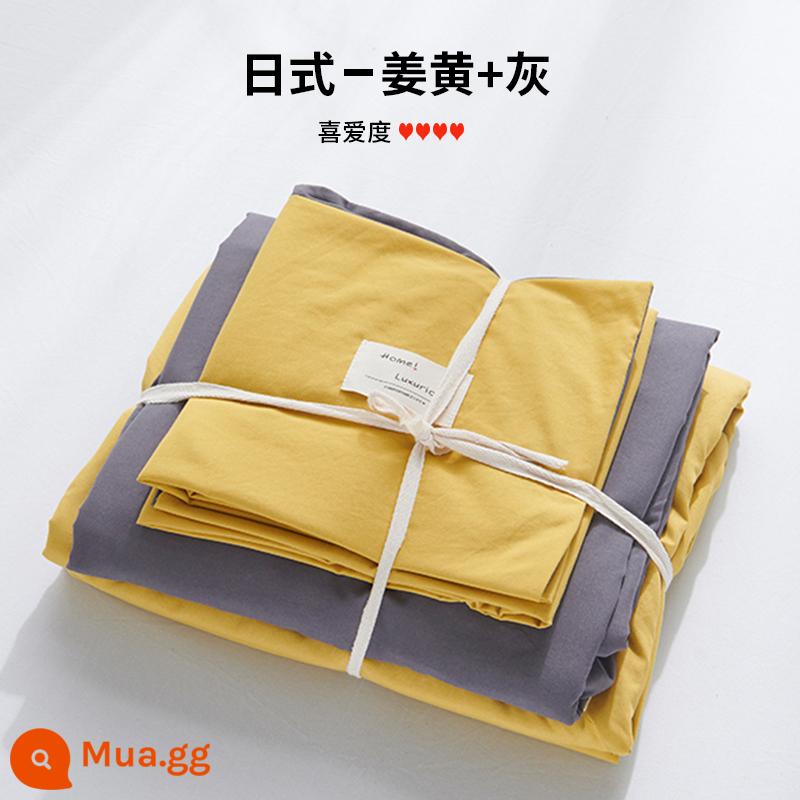 Bộ 4 bộ chăn ga gối cotton nguyên chất ga trải giường vỏ chăn chần gòn 2 học sinh 3 ký túc xá giường đơn 3 món - Nghệ + Tro