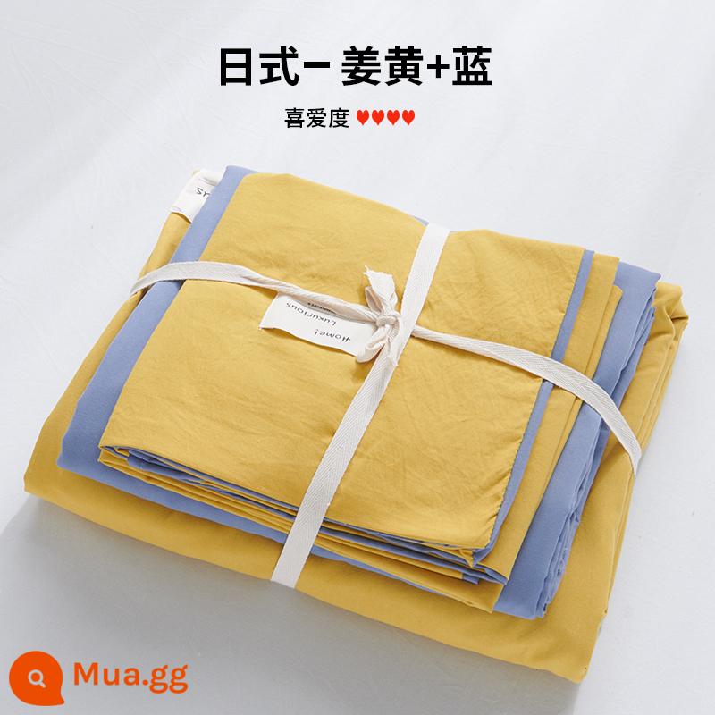 Bộ 4 bộ chăn ga gối cotton nguyên chất ga trải giường vỏ chăn chần gòn 2 học sinh 3 ký túc xá giường đơn 3 món - Nghệ + Xanh