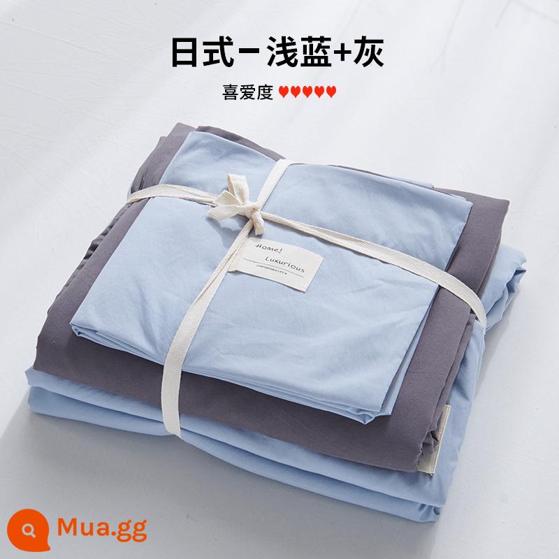 Bộ 4 bộ chăn ga gối cotton nguyên chất ga trải giường vỏ chăn chần gòn 2 học sinh 3 ký túc xá giường đơn 3 món - xanh nhạt + xám