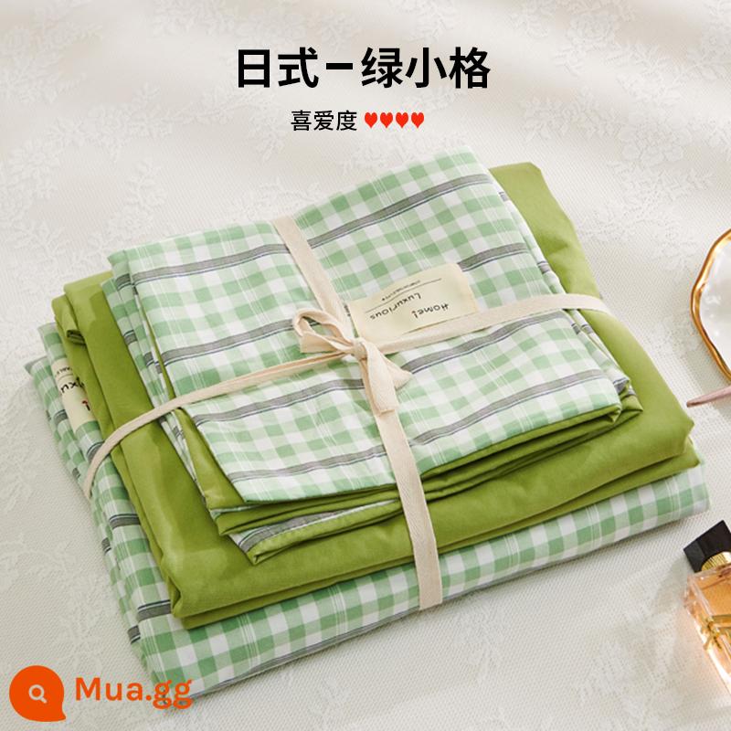 Bộ 4 bộ chăn ga gối cotton nguyên chất ga trải giường vỏ chăn chần gòn 2 học sinh 3 ký túc xá giường đơn 3 món - lưới xanh xanh