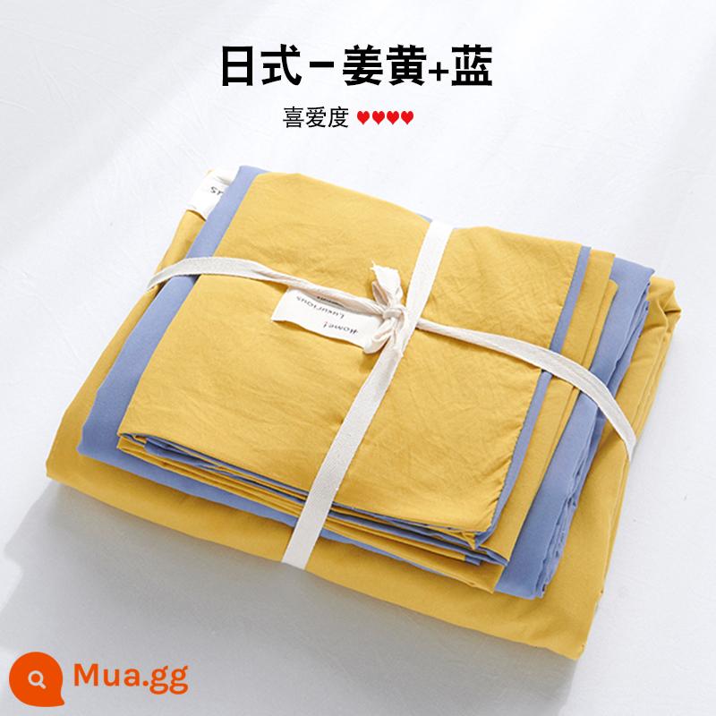 Bộ 4 mùa hè nguyên chất giặt sạch cotton chăn ga gối vỏ chăn chải 2 học sinh 3 ký túc xá giường đơn 3 món - Nghệ + Xanh