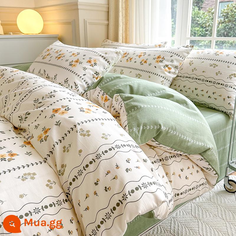 Bộ 4 Cotton Nguyên Chất 100 Bộ Chăn Ga Giường Vỏ Chăn Mùa Hè 3 Học Sinh 4 Ký Túc Xá Giường Đơn 3 Bộ - Bùn suối Bichen xanh nhạt