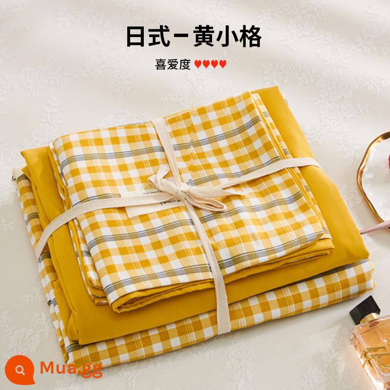 Bộ 4 bộ chăn ga gối cotton nguyên chất ga trải giường vỏ chăn chần gòn 2 học sinh 3 ký túc xá giường đơn 3 món - lưới màu vàng vàng