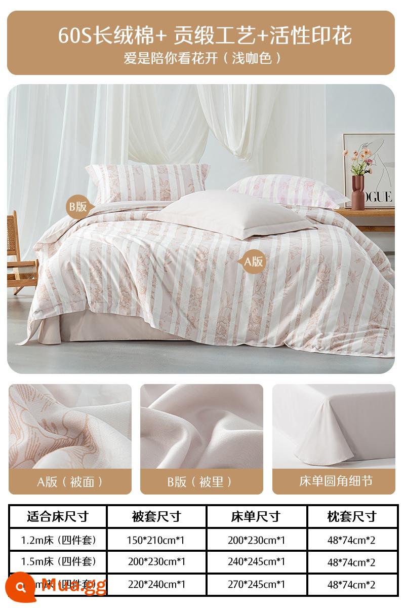 Thủy Ngân Nhà Dệt May 60-Tính dài-Chủ Lực Cotton Bộ 4 Món Cotton Nguyên Chất 100 Tờ Vỏ Chăn Ánh Sáng sang Trọng Bộ Chăn Ga Gối Mùa Thu - [Cotton sợi dài 60S + dệt sa tanh] [Màu cà phê] Tình yêu là cùng em ngắm hoa nở