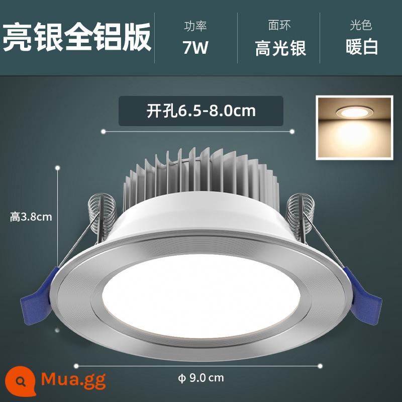 Downlight Nhúng Home LED Spotlight Âm Trần Ba Màu Mờ Đèn Âm Trần Phòng Khách Lỗ Sang Trọng Ánh Sáng Lỗ Ánh Sáng Ánh Sáng Đơn Giản - [Nhôm bạc sáng] Đèn ấm 7W, khoan 6,5-8cm