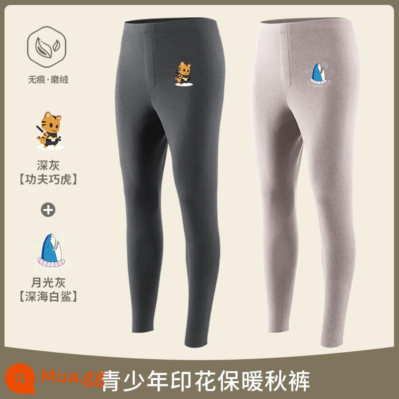 Nanjiren Quần Vệ Sinh Nam Traceless Fever Quần Giữ Ấm Mùa Đông Cotton Nguyên Chất Dày Cộng Với Xu Hướng Đáy Nhung Lót Quần Vệ Sinh - [Mẫu in không nhiệt] Màu xám gai dầu đậm-Kung Fu Qiao Tiger+Ánh trăng xám-Cá mập trắng biển sâu