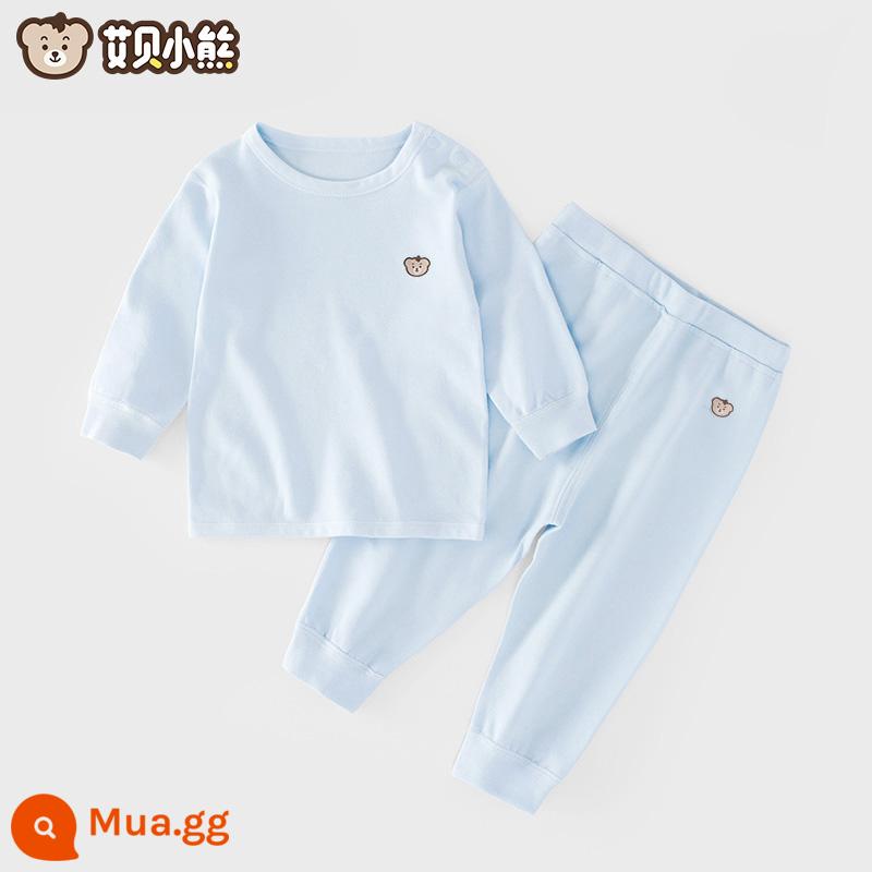 Quần áo mùa thu cho bé sơ sinh đứng tất cả cotton nguyên chất loại A mỏng mùa xuân và mùa thu quần vệ sinh trẻ em không xương một mảnh quần lót - Áo trễ vai + quần chỉnh eo (bộ vest xanh)