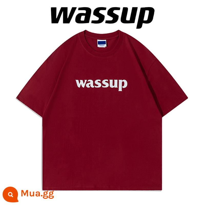 Nặng 260 gram WASSUP hàng đầu cửa hàng Guochao đích thực áo thun ngắn tay cotton mùa hè rời cặp đôi nam nữ - rượu vang đỏ