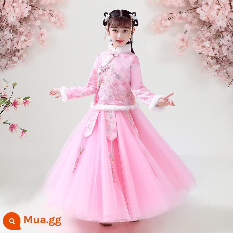 Giải phóng mặt bằng Cô gái mùa thu và mùa đông Hanfu Quần áo trẻ em Quần áo đêm giao thừa cho trẻ em Váy kiểu Trung Quốc Bộ đồ đường năm mới Váy mùa đông - Bộ đồ nhung hồng 9957