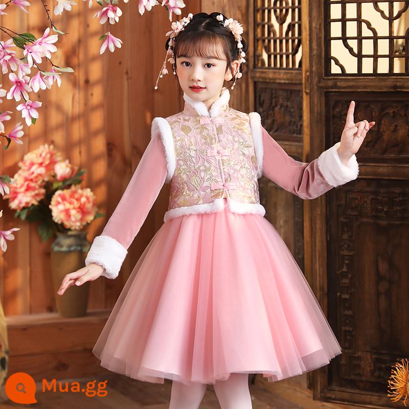 Giải phóng mặt bằng Cô gái mùa thu và mùa đông Hanfu Quần áo trẻ em Quần áo đêm giao thừa cho trẻ em Váy kiểu Trung Quốc Bộ đồ đường năm mới Váy mùa đông - Bộ đồ nhung hồng 485