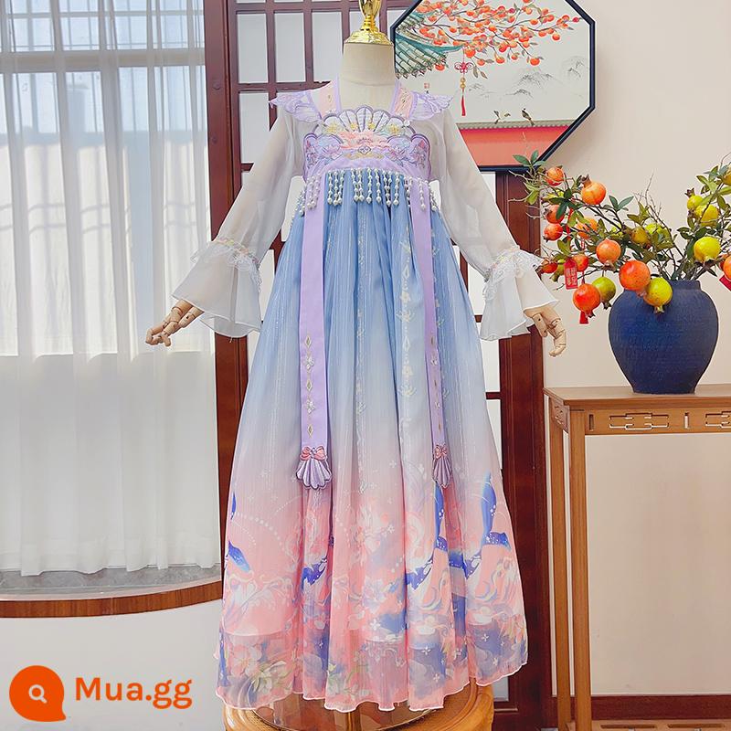 Hanfu Bé Gái Phong Cách Mùa Hè 2023 Mới Cổ Đầm Bé Gái Đường Phù Hợp Với Trẻ Em Siêu Tiên Cổ Trang Phục Váy Mùa Hè - Tay áo dài màu tím