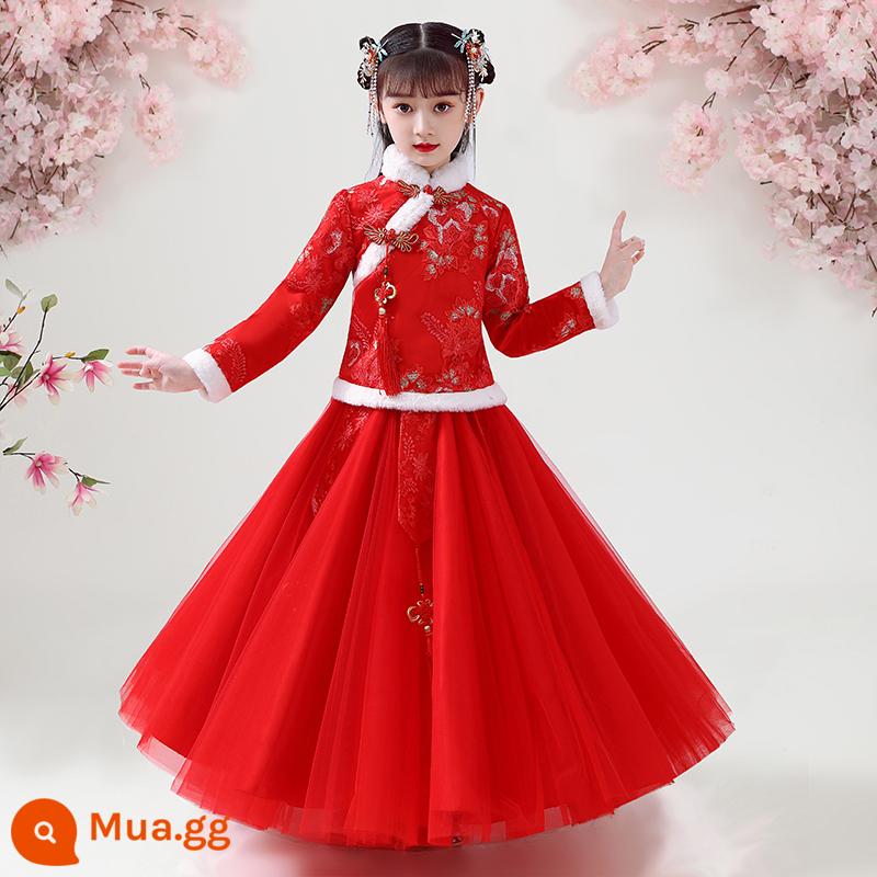 Giải phóng mặt bằng Cô gái mùa thu và mùa đông Hanfu Quần áo trẻ em Quần áo đêm giao thừa cho trẻ em Váy kiểu Trung Quốc Bộ đồ đường năm mới Váy mùa đông - Bộ vest nhung đỏ 9957