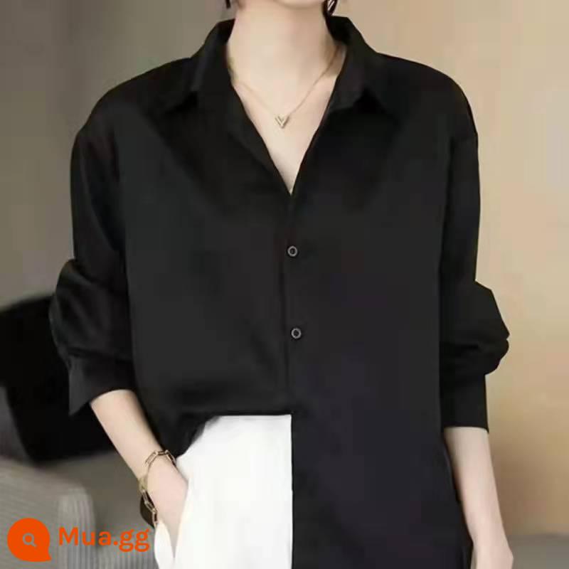 Sơ mi lụa satin cao cấp dài tay cardigan nữ mùa xuân và mùa thu mới cổ áo POLO khí chất sơ mi rời đơn giản - đen