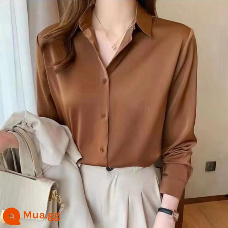 Sơ mi lụa satin cao cấp dài tay cardigan nữ mùa xuân và mùa thu mới cổ áo POLO khí chất sơ mi rời đơn giản - Màu nâu