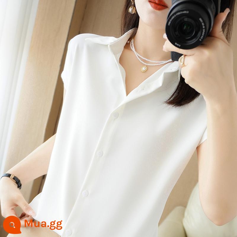 Sơ mi lụa satin cao cấp dài tay cardigan nữ mùa xuân và mùa thu mới cổ áo POLO khí chất sơ mi rời đơn giản - Tay ngắn - trắng