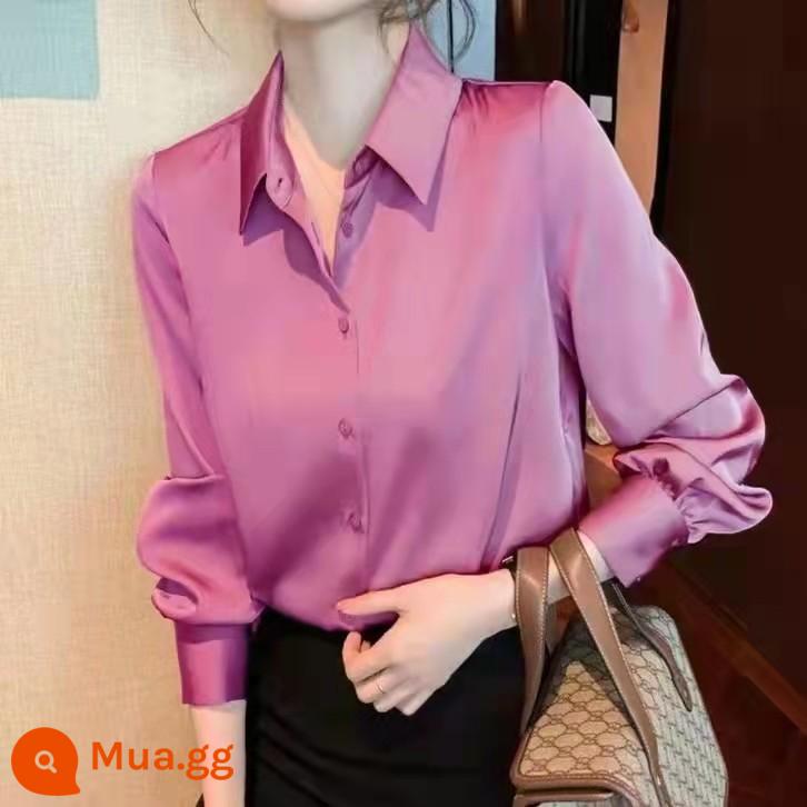 Sơ mi lụa satin cao cấp dài tay cardigan nữ mùa xuân và mùa thu mới cổ áo POLO khí chất sơ mi rời đơn giản - hồng tím