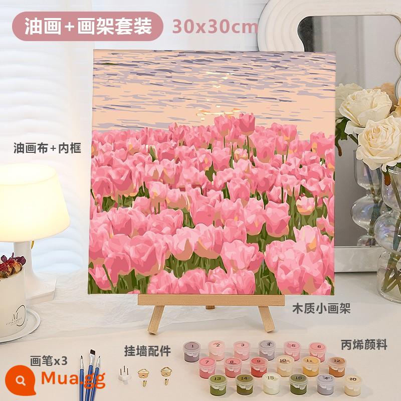 Làm thủ công tự làm sơn dầu kỹ thuật số tulip sơn acrylic điền màu sơn dầu kết cấu sơn món quà sinh nhật năm mới - Tulip hoàng hôn 30*30cm+ giá vẽ