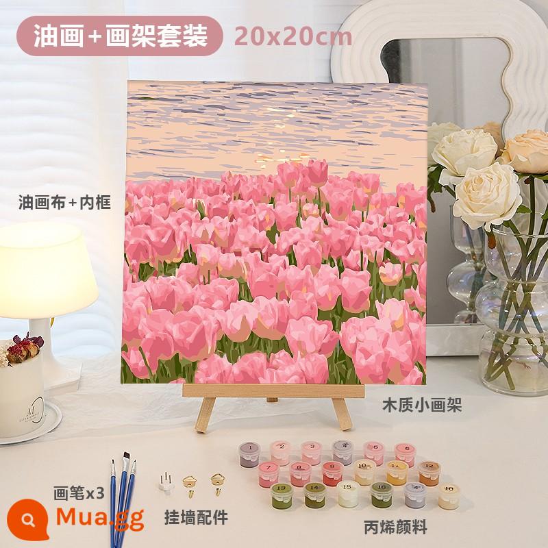 Làm thủ công tự làm sơn dầu kỹ thuật số tulip sơn acrylic điền màu sơn dầu kết cấu sơn món quà sinh nhật năm mới - Hoàng hôn Tulip 20*20cm+giá vẽ