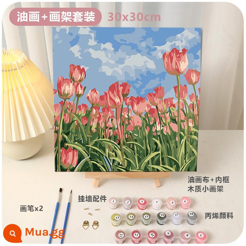 Làm thủ công tự làm sơn dầu kỹ thuật số tulip sơn acrylic điền màu sơn dầu kết cấu sơn món quà sinh nhật năm mới - Hoa tulip bầu trời xanh (30X30cm) + giá vẽ