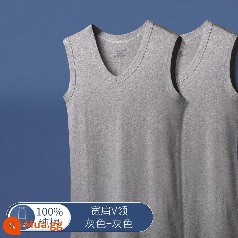 Áo vest nam cổ chữ V cotton nguyên chất vai rộng mà không bị biến dạng mặc bên trong đáy áo vest cotton T-shirt đồ ngủ không tay vest áo - [Vai rộng cổ chữ V] Xám 2 chiếc