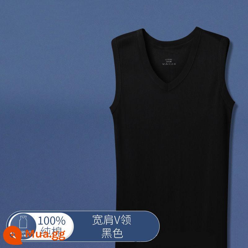 Áo vest nam cổ chữ V cotton nguyên chất vai rộng mà không bị biến dạng mặc bên trong đáy áo vest cotton T-shirt đồ ngủ không tay vest áo - [Vai rộng cổ chữ V] Đen 1 chiếc