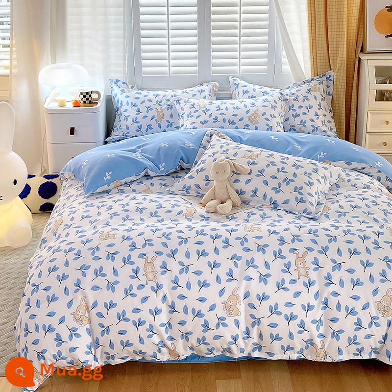 Ins cotton nguyên chất 4 mảnh 100 cotton chăn ga gối nữ ga trải giường 1.8 đơn và đôi vỏ chăn Bộ 4 chà nhám - thỏ fifi