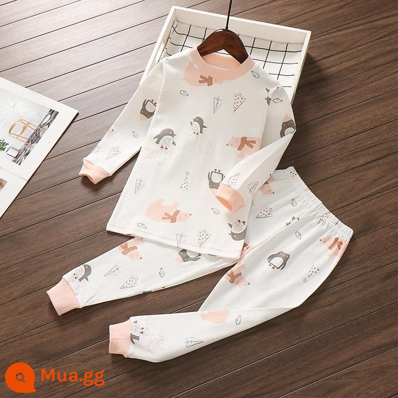 Bộ đồ lót trẻ em Little Qinglong cotton nguyên chất quần áo mùa thu quần vệ sinh bé trai và bé gái cotton vừa và lớn áo len cotton ấm áp cho trẻ em - chim cánh cụt hồng