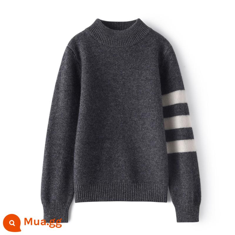 Áo len cashmere nguyên chất trẻ em phong cách nước ngoài phong cách Hàn Quốc dành cho bé trai mùa thu đông áo len cổ lọ dày 2 lớp dành cho bé lớn, áo len hợp thời trang - Màu xám đen