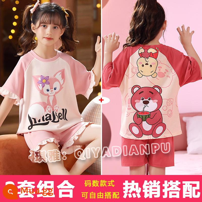 Bộ đồ ngủ bé gái mùa hè ngắn tay bằng cotton mỏng dành cho trẻ em trung niên trở lên siêu dễ thương Bộ quần áo mặc ở nhà công chúa gió và cổ tích cho bé gái - Cáo nhỏ màu hồng +251 Gấu dưa hấu