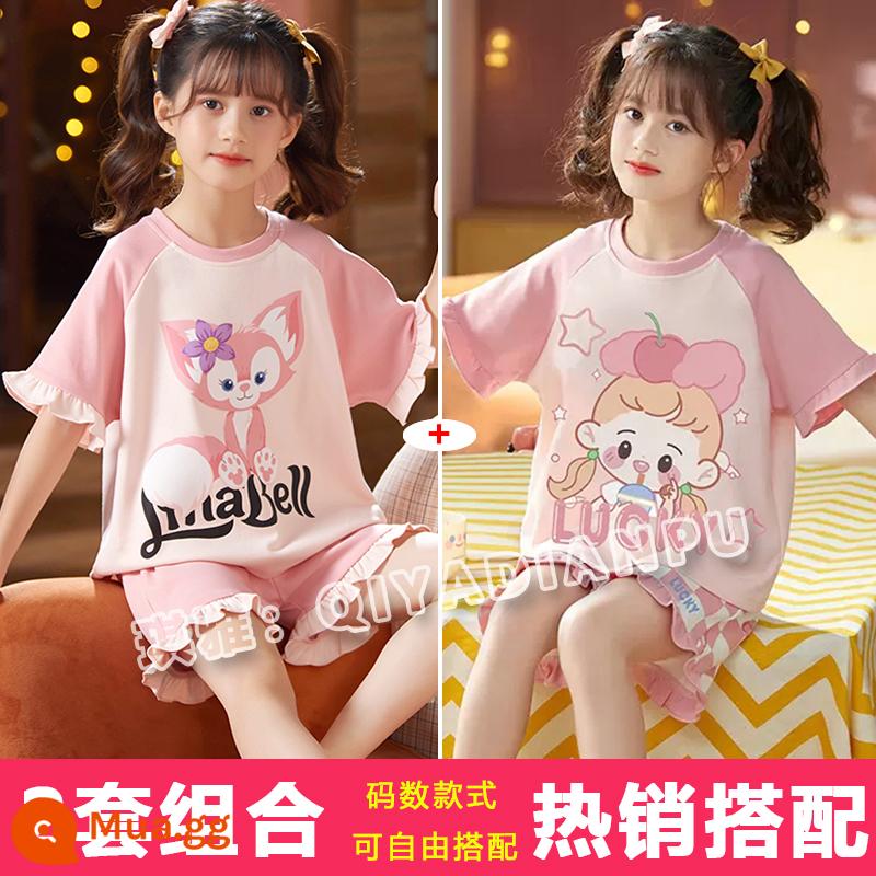 Bộ đồ ngủ bé gái mùa hè ngắn tay bằng cotton mỏng dành cho trẻ em trung niên trở lên siêu dễ thương Bộ quần áo mặc ở nhà công chúa gió và cổ tích cho bé gái - Gấu trúc nhỏ màu hồng + cô gái may mắn