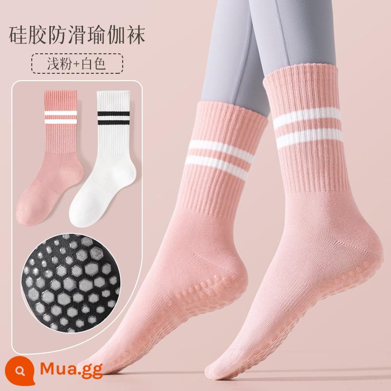 Vớ tập yoga cho nữ vớ ống giữa bằng cotton nguyên chất silicon chống trượt trong nhà tập thể dục trong nhà quần cá mập với vớ thể thao nữ Pilates - Kết hợp bốn (hồng nhạt + trắng), một cỡ phù hợp với tất cả 35-42