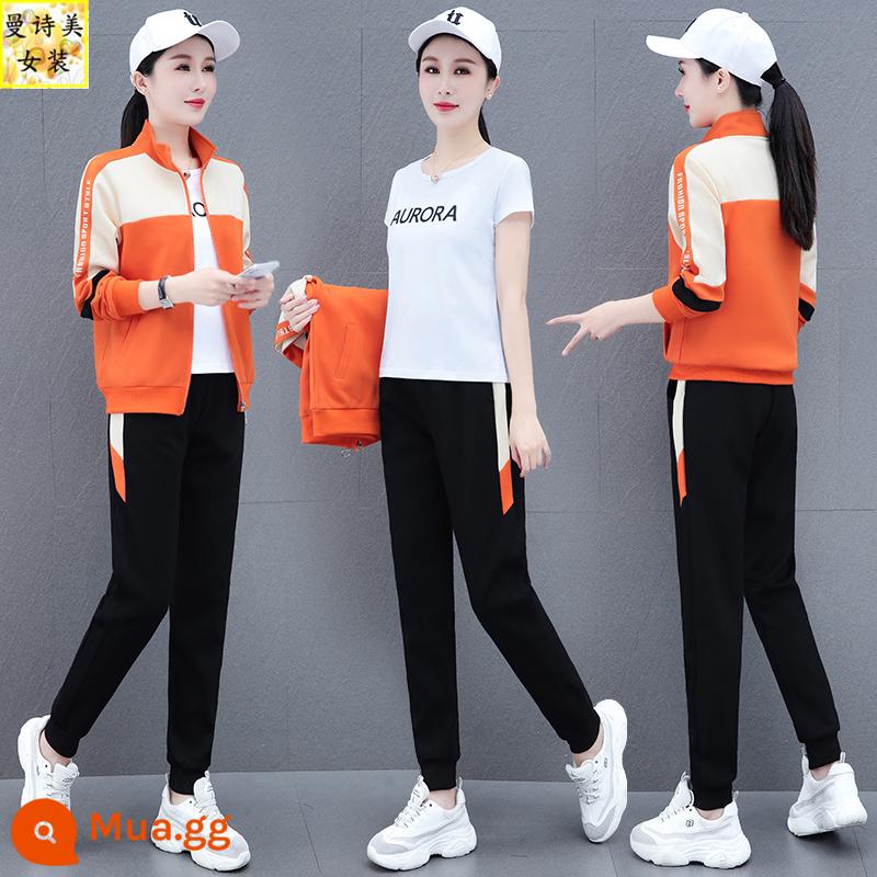 Cardigan phong cách phương Tây trang phục thể thao phù hợp với nữ thời trang mùa xuân và mùa thu 2023 Áo thun dày rộng nhảy múa giản dị chạy ba mảnh phù hợp với - Màu cam (bộ ba món)