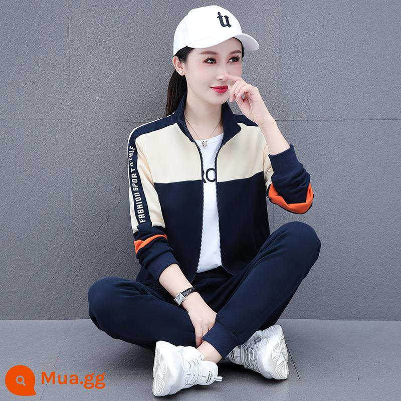 Cardigan phong cách phương Tây trang phục thể thao phù hợp với nữ thời trang mùa xuân và mùa thu 2023 Áo thun dày rộng nhảy múa giản dị chạy ba mảnh phù hợp với - Màu xanh sapphire (bộ hai mảnh)