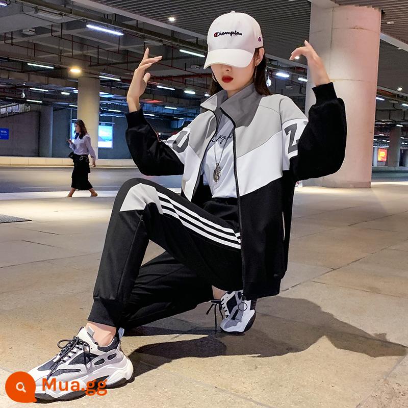 Tide thương hiệu đồ thể thao phù hợp với phụ nữ mùa xuân và mùa thu 2022 hip-hop ins thời trang đẹp trai giản dị bộ đồ hai mảnh - xám