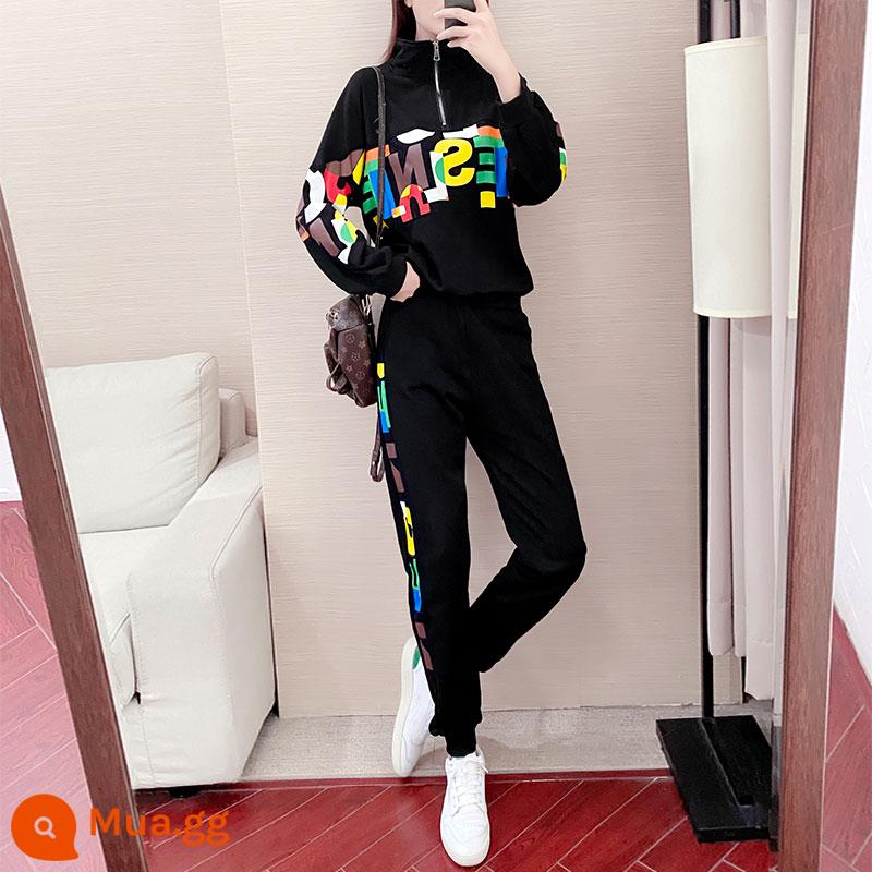 Người nổi tiếng trên Internet Hip -hop Fashion Set - Áo thun cotton dày màu đen + quần đen