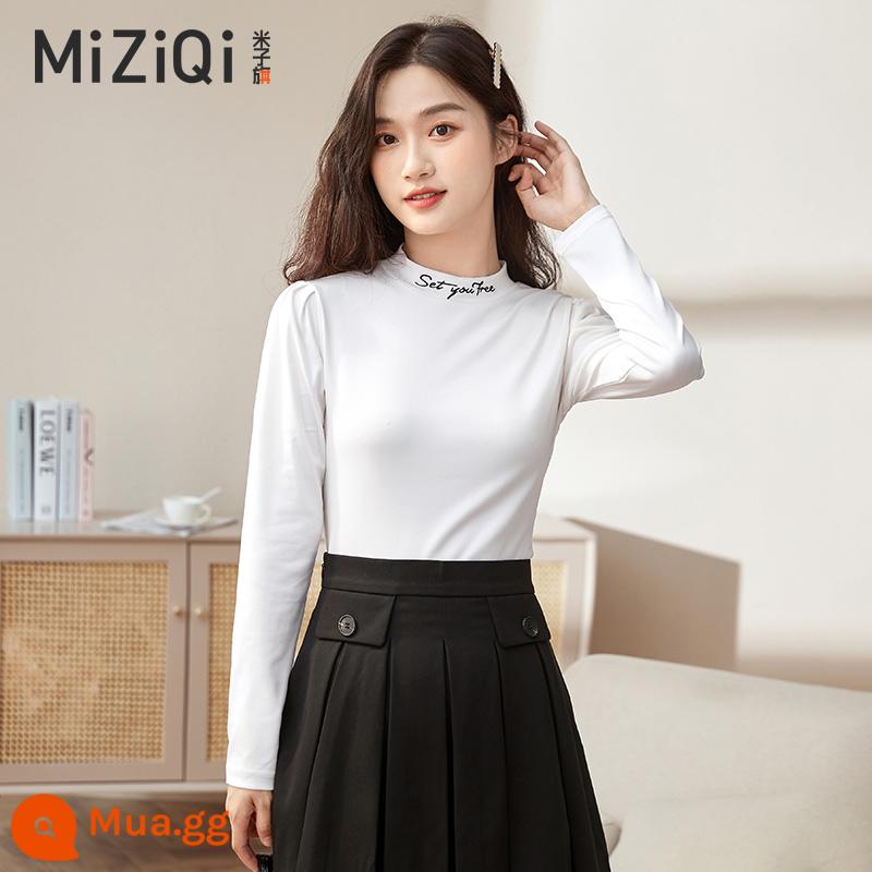 Miko Banner Half -High -Necked dài -sleeved t -shirt Nữ Autumn and Winter 2022 MỚI ĐẦU TIÊN ĐẦY - Trắng