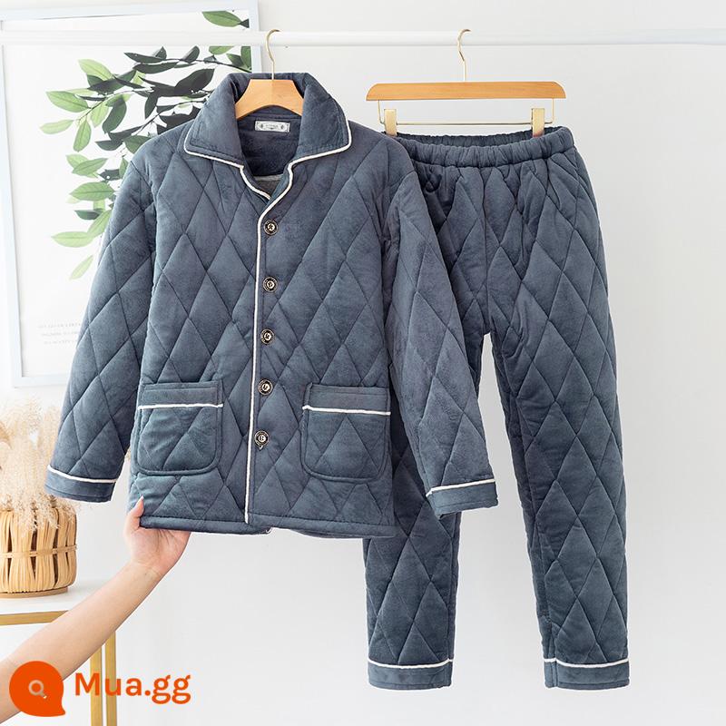 Mùa đông nam cộng với nhung dày ba con cotton san hô san hô đồ pyjama phù hợp với quần áo nhà mặt bích - Bộ X2141/màu xám