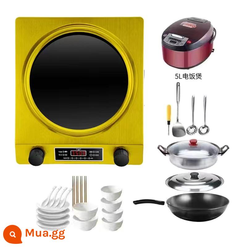 Bếp cảm ứng lõm bán cầu gia đình 3500W công suất cao nóng và xào đa năng bếp pin đa năng bếp lõm - [Mặt lõm vàng] Bộ bếp từ 3500W gồm ba + bát, đũa + nồi cơm điện