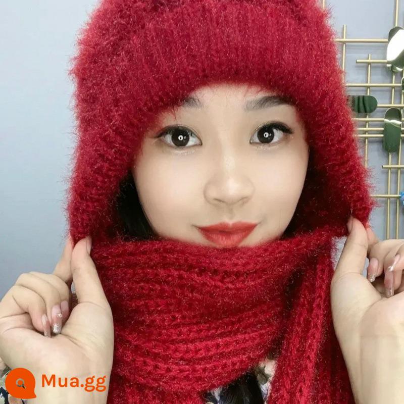 Mũ và khăn quàng đỏ lưới một cơn gió dày và tuyết mùa thu và mùa đông len cashmere mới đan mũ Bao Đầu ấm áp của phụ nữ mua sắm - màu đỏ