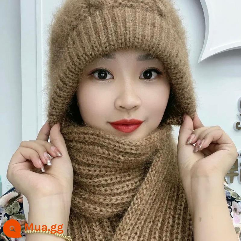 Mũ và khăn quàng đỏ lưới một cơn gió dày và tuyết mùa thu và mùa đông len cashmere mới đan mũ Bao Đầu ấm áp của phụ nữ mua sắm - Khaki