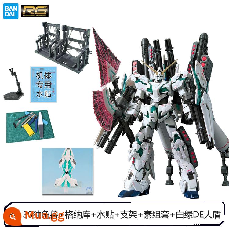 Mô hình Bandai 55586 RG 30 thức tỉnh được trang bị đầy đủ bọc thép được trang bị đầy đủ bộ xương kỳ lân màu xanh lá cây được trang bị đầy đủ - RG 30 Unicorn + Gnaku cơ khí + Nhãn dán nước + Chân đế + Bộ trơn + Khiên DE trắng và xanh