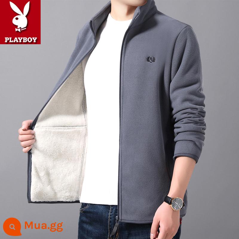 Playboy cực lông cừu áo khoác nam phong cách mùa thu đông lông cừu cộng với nhung dày cổ áo đứng lambswool áo khoác ấm áp - Xám cộng với nhung cộng với nhung và dày