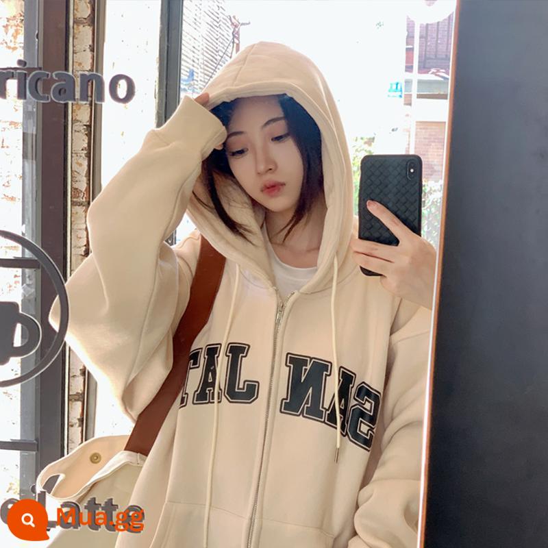 TXT dây kéo cardigan dày retro rời lười gió có mũ trùm đầu áo nữ oversize trang áo trên - Màu mơ (kiểu thường 320g ngọc trai nhung)