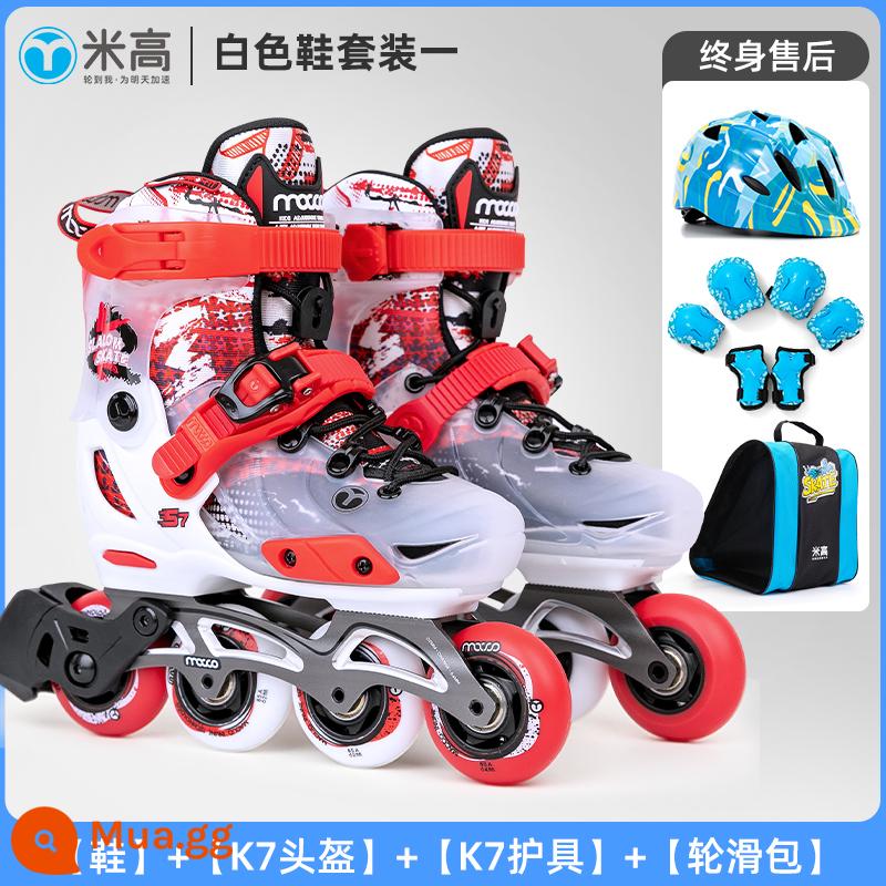 MI Gao chuyên nghiệp Trẻ em Skate Skate Skate Fancy Skates Skate Skates Floating Flower Shoes Wheel Wheel Wheel Row Wheel S7 - Sự kiện-Bộ đồ trắng 1 (Mũ bảo hiểm K7 + Bộ bảo vệ K7)