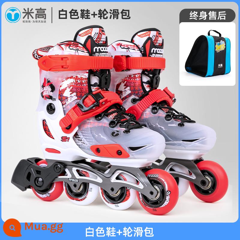 MI Gao chuyên nghiệp Trẻ em Skate Skate Skate Fancy Skates Skate Skates Floating Flower Shoes Wheel Wheel Wheel Row Wheel S7 - Giày thi đấu màu trắng và túi trượt patin