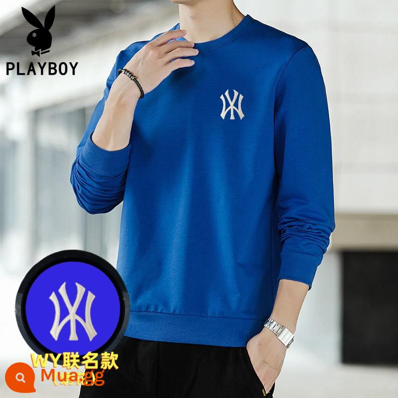 Áo len Playboy nam mùa xuân và mùa thu 2023 cotton mới cộng nhung đáy sơ mi cổ tròn quần áo dài tay áo thun nam - Màu xanh lam [thêu đồng thương hiệu WY cộng với nhung]