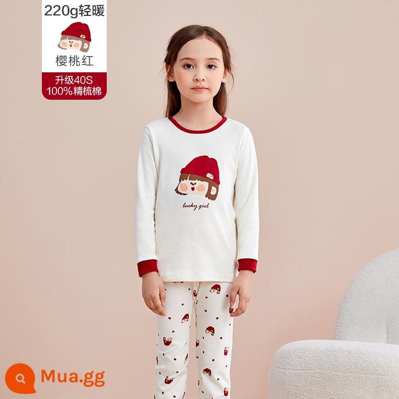 Quần áo mùa thu và quần vệ sinh trẻ em Hongdou Quần cotton nguyên chất cho bé trai và bé gái Quần áo và quần cotton sưởi ấm cho bộ đồ ngủ lớn cho trẻ em Áo len cotton - DN604 Girls - Đỏ Cherry (Cổ Muỗng)